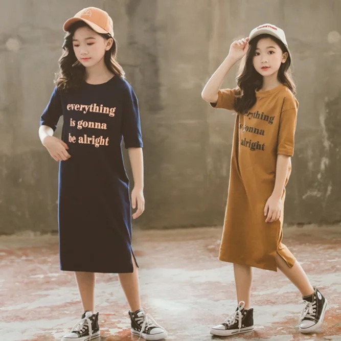 Wholesale Summer Casual Crew Neck  Girls Dress Design Kid Half Sleeve Knee Letter Tshirt Dress for Kids Girl 6 to 12 years old