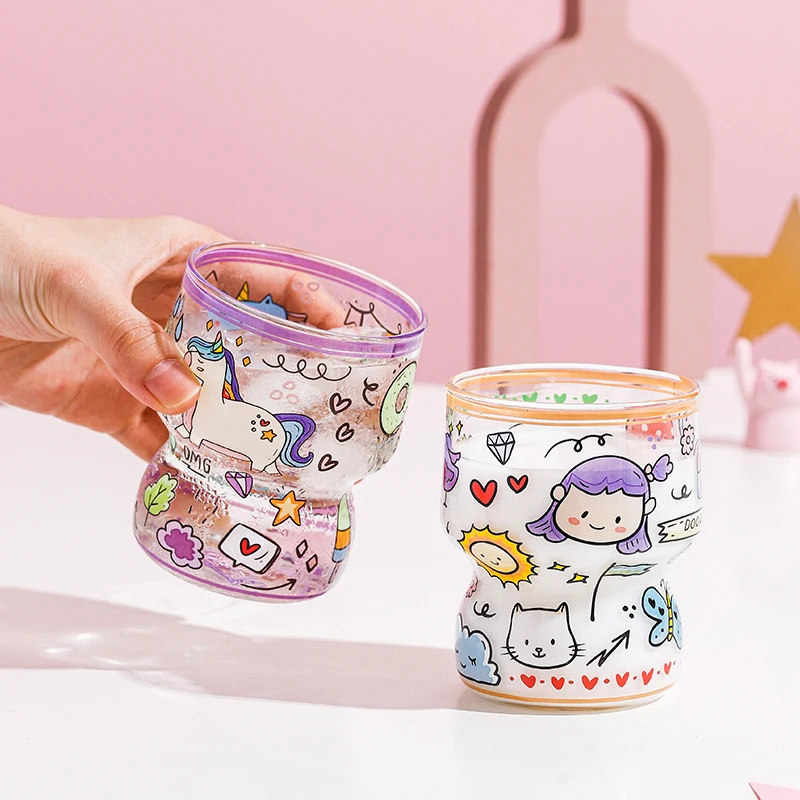 Glass mug gift box set clear borosilicate glass single wall drinking mug cute pattern cartoon mug