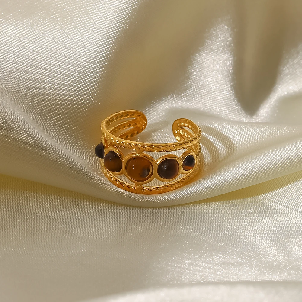 Новые Модные Позолоченные ювелирные изделия из нержавеющей стали 18 карат подарок пять тигровых глаз камень круглые полые Открытые Кольца для женщин