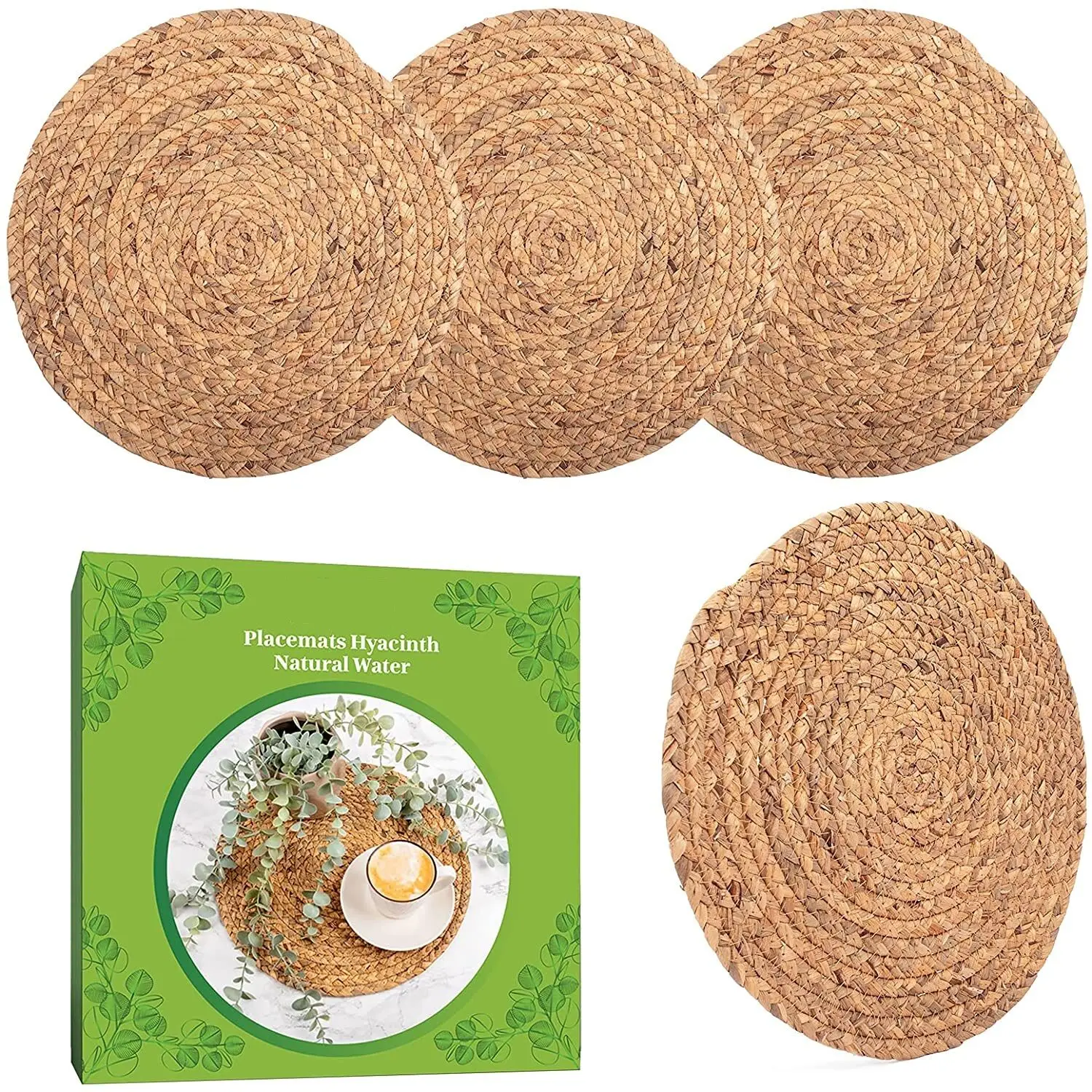 2022 Tabletex Water Hyacinth Straw Braided Handmade Placemats Round Woven Placemats Natural Wicker Place mat Set of 4