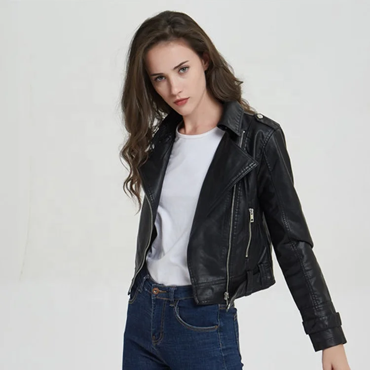 
Fashion Cool Women Zip Front Black PU Leather Jackets for Ladies 