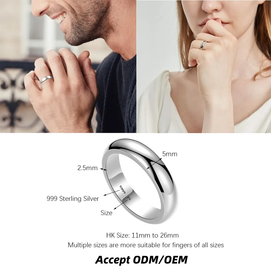 Classic Simple Design 999 Sterling Silver Ring Round Smooth Ring For Women Men Fine Jewelry Engagement  Wedding Gift