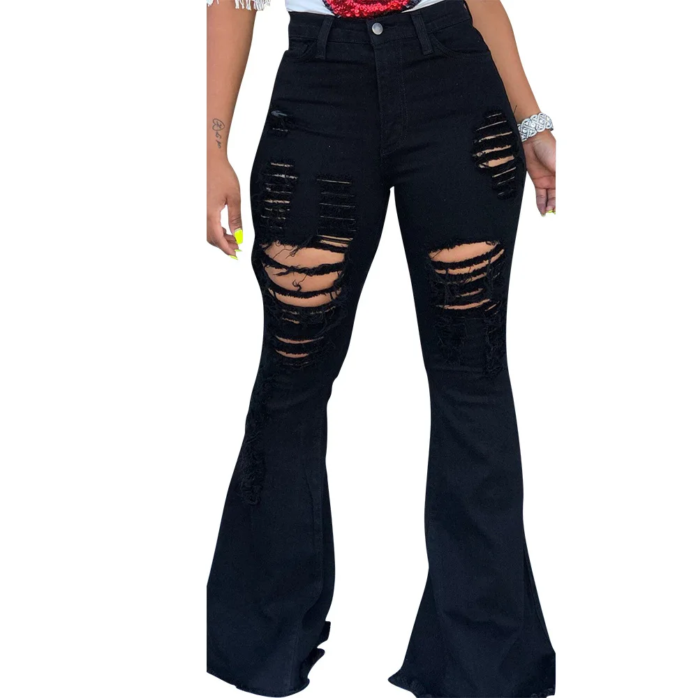 
Latest Design Clothing 2019 Streetwear Black Washed Skinny Bell Bottom Ripped Pants Pantalones Jeans Women 