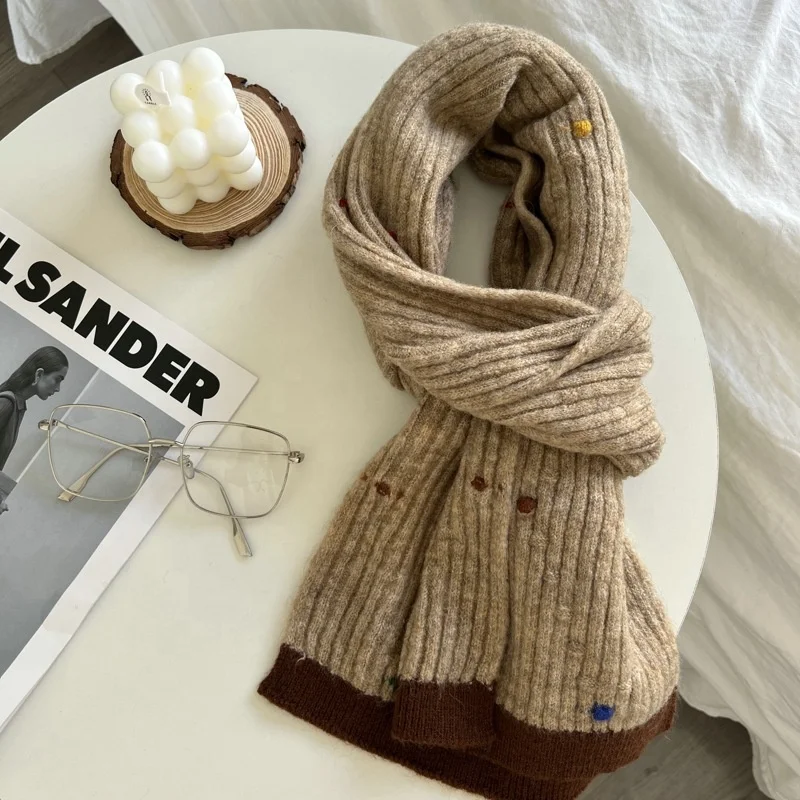 Autumn And Winter Woman Cute Colorful Dotted Plain Knitted Scarves Cashmere Snood Scarf