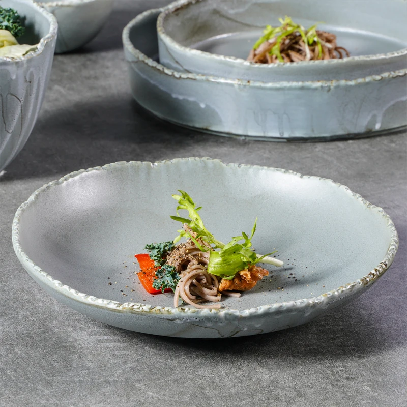 YAYU New Star Class Restaurant Porcelain Tableware Curry Rice Deep Tazon Dishes Irregular Edge Grey Matte Ceramic Dinner Plates