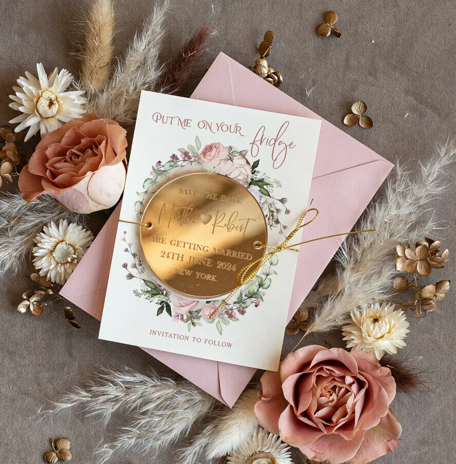 Personalised Gold Acrylic Save the Date Magnet and Card, Gold Blush Pink Wedding Save The Dates Plexi Magnets invitation cards