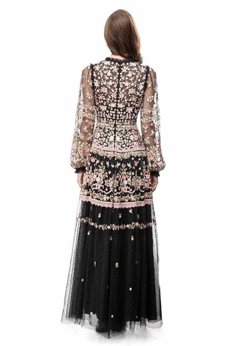 Top Quality New 2024 Spring Long Wedding Party Women Dresses Allover Luxurious Embroidery Long Sleeve Pink Black Maxi Gown Dress