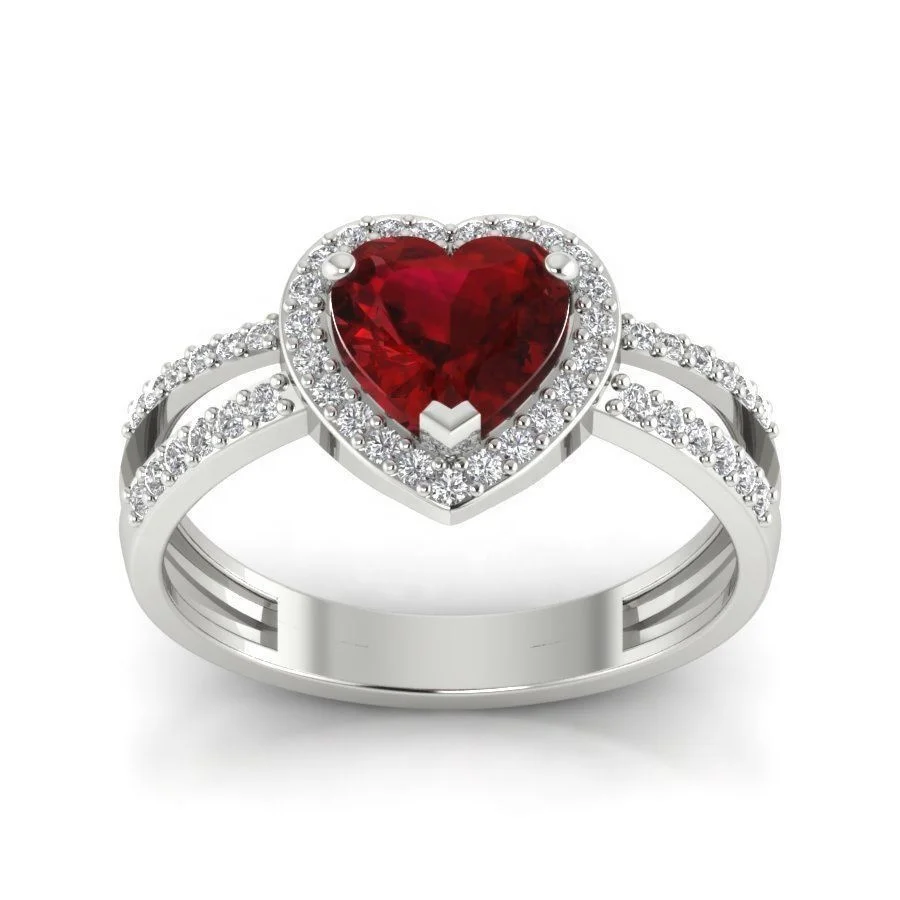FirstMadam 18k Yellow Gold Heart Shaped Garnet and Round Lab White Diamond Halo Engagement Ring