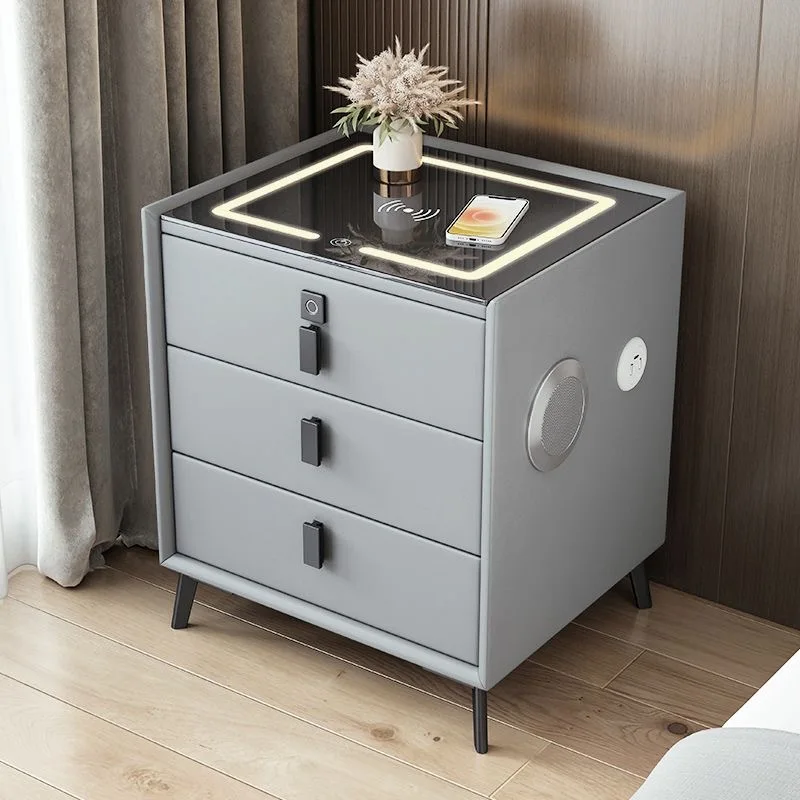 China factory wholesale Smart Bedside Table With Charging Stations 3 Drawers Nightstands Wireless Charger LED Light Cabinet