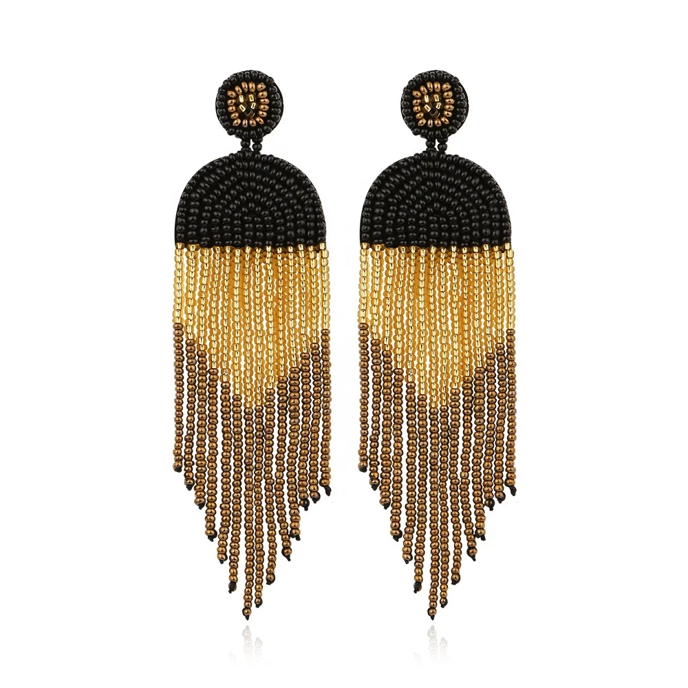 
fashion earrings trend 2021 Handmade Beaded Colored Rice Beads Statement Dangle Fringe Long Stud Bohemian tassel earrings 