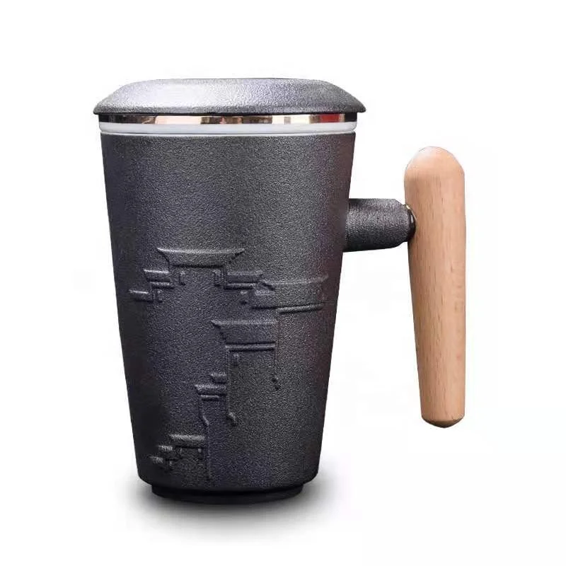 380ml  white black wood handle embossed matt ceramic mugs with infuser for office home tea cup