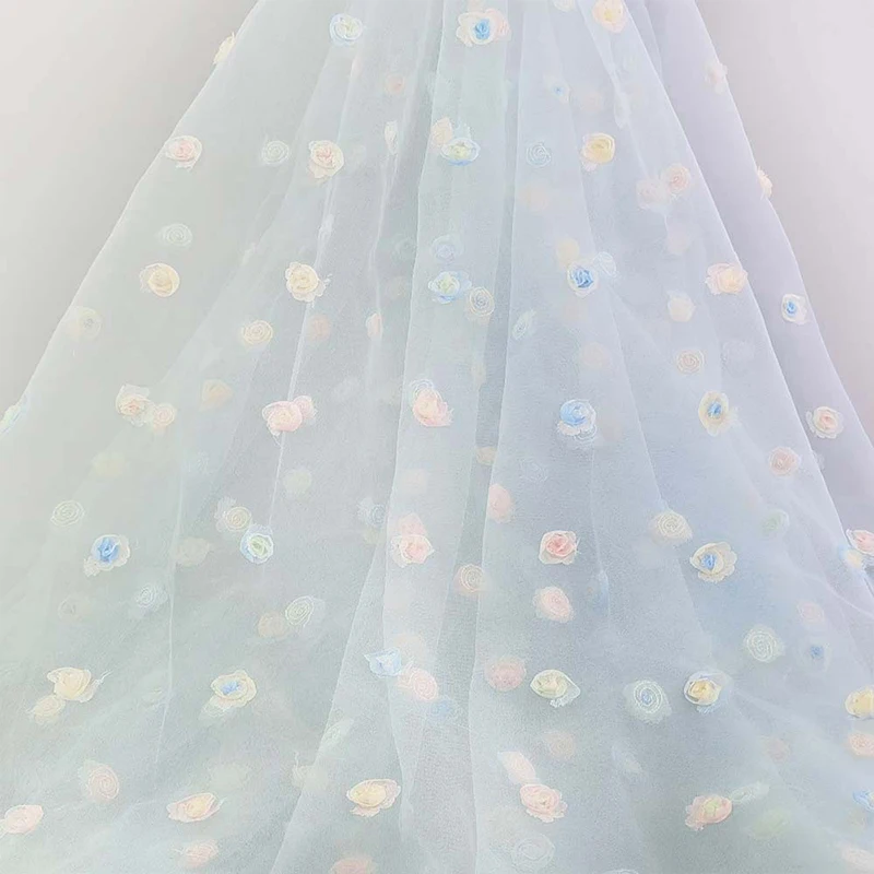 In stock white 3d flower lace fabric tulle mesh floral embroidery women girls dress decoration 3d flower lace fabric