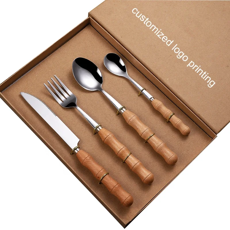 Stainless steel steak knife 4 pack cutlery set with wooden handle gift box packing