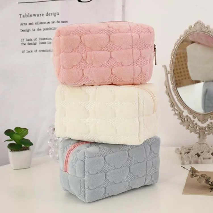 2024 Cute Plush Quilted Terry Cloth Puffy Fuzzy Toiletry Makeup Cosmetic Storage Bag Color Travel Pencil Pouch Coin Purse Case