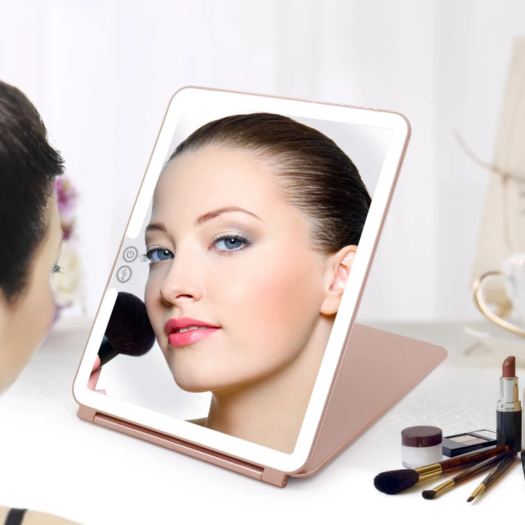 Rechargeable touch sensor mini ipad shape makeup light mirror travel mirror with foldable plastic cover