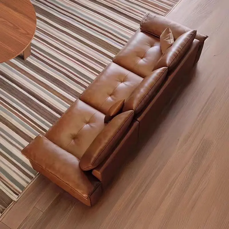 Italian Style Light Luxury Living Room Modern L-shaped Retro Brown Leather Sofa Set Furniture