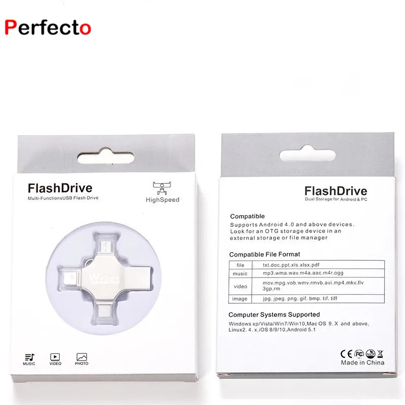 Free logo USB 3.0 4 in 1 USB Flash Drive 64GB For iPhone iOS Android PC Type C OTG U Disk with Box