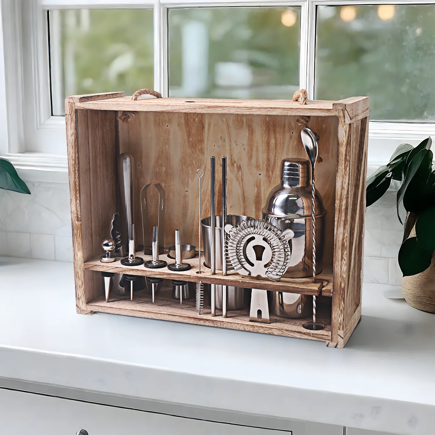 Stainless Steel Cocktail Shaker Set Bartender Kit with Wood Stand Perfect Home Bartender