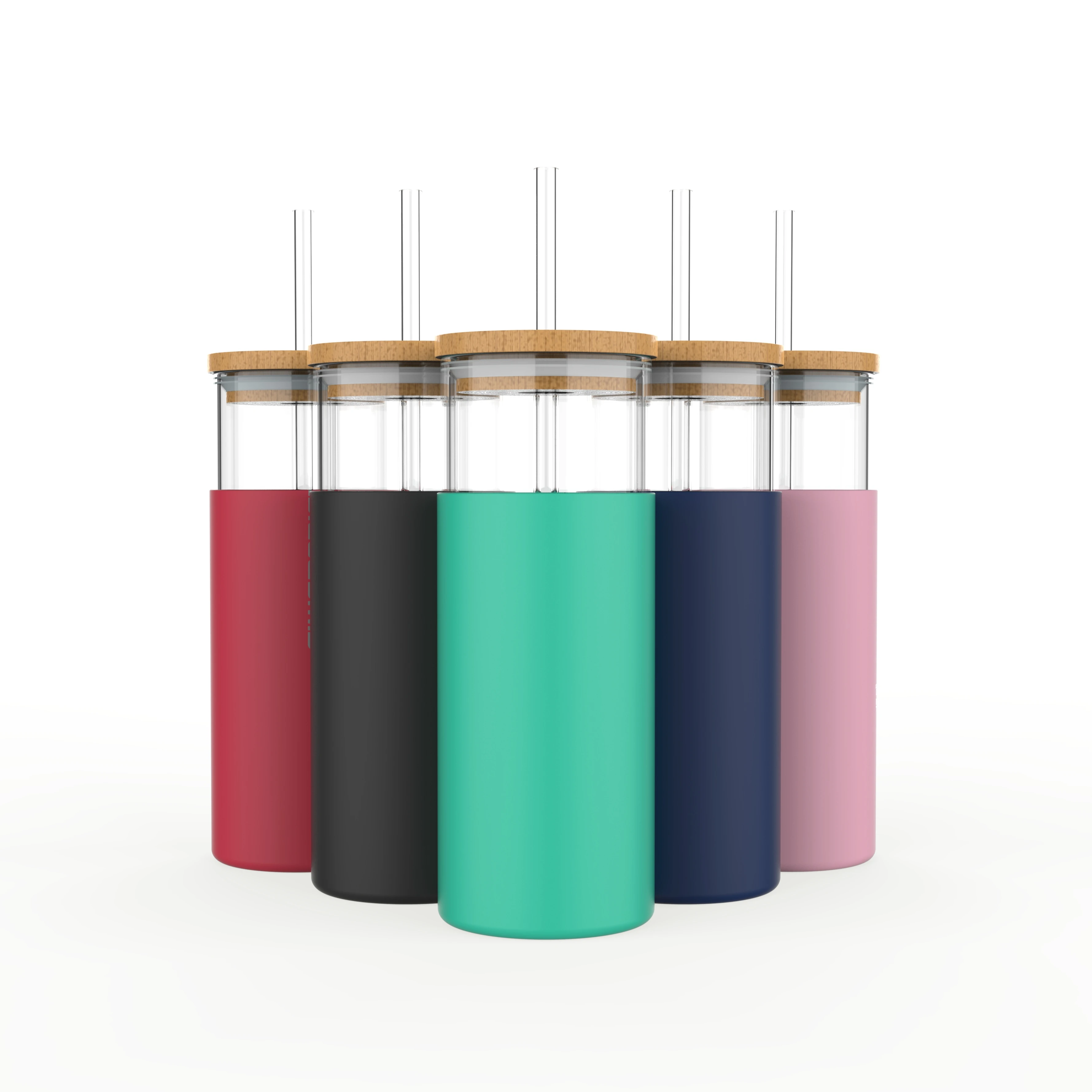 
Hot Sales BPA free bamboo lid silicone sleeve drinking glass tumbler cup with straw 15 Oz 