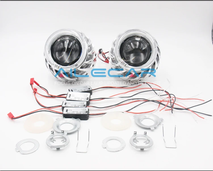 ALECAR Wholesale 2.5 inch Mi ni H1 turine shrouds bi xenon headlight projector lens with dual led multi-colored angel eyes