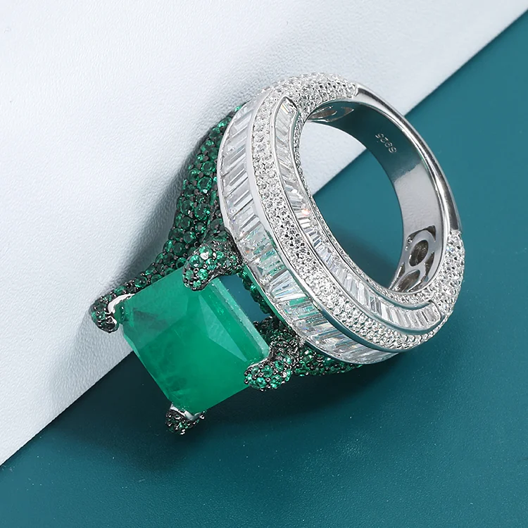Luxury S925 Sterling Silver Emerald Ring Jewelry Full Cubic Zirconia Big Green Stone Rings Turkish Jewelry Set