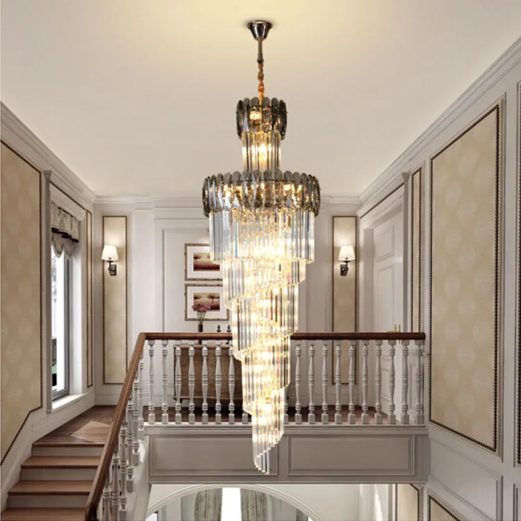 Modern luxury indoor gold large round stairwell stair lighting crystal chandeliers pendant lights for hotel lobby staircase