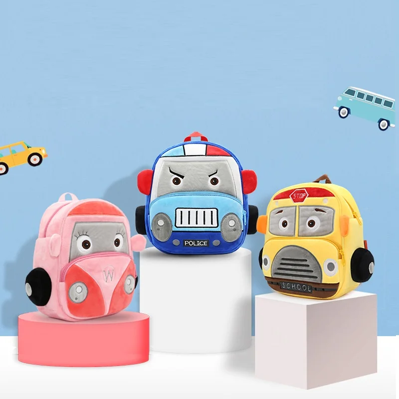 Cartoon Car Plush Backpacks 3d Bus Police Truck Mini Kids School Bag For Kindergarten Girls Boys Plush Backpack