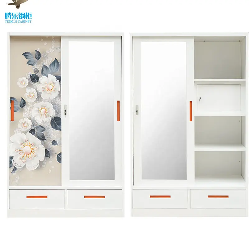 Cheap price bedroom sliding 2 doors metal wardrobe with mirror design bongkar pasang lemari steel cabinet almari metal wardrobes