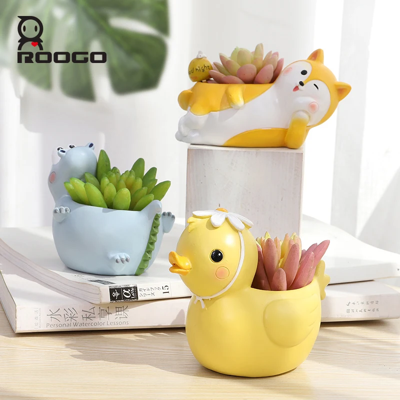 Roogo flower and plant bonsai the lazy time lovely animal polyresin desktop decor flower pots