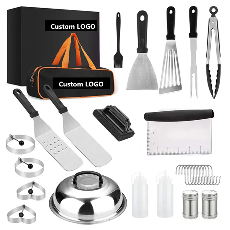 Plastic Handle Stainless Steel Barbecue Set Frying Shovel 20-piece Set Cooking Shovel Teppanyaki Tool BBQ with cover