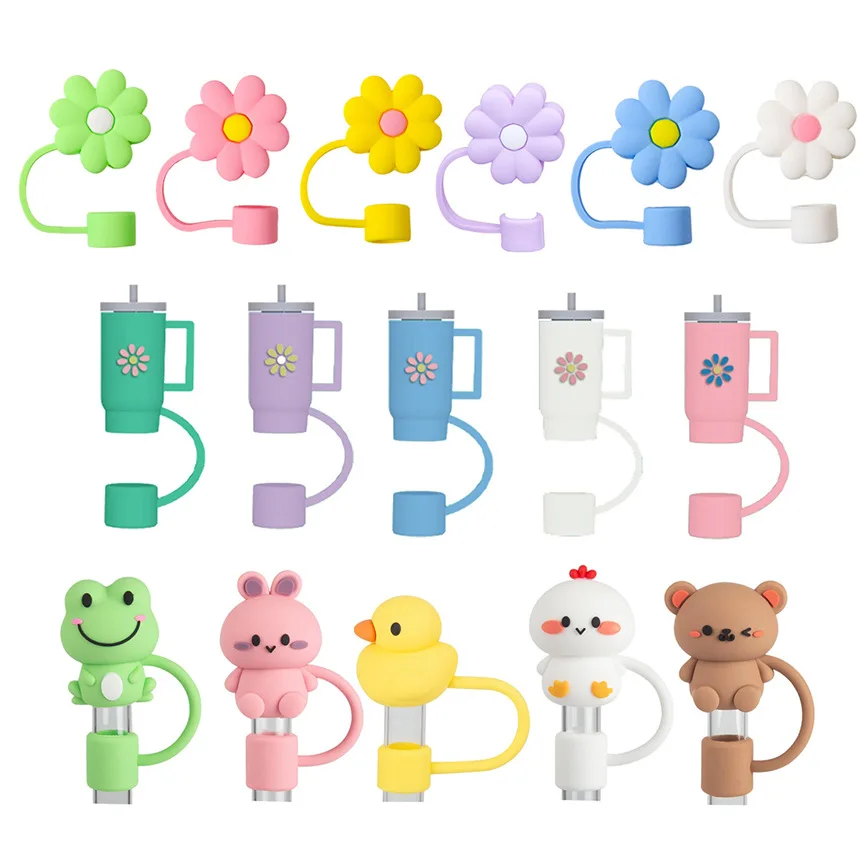 Custom Reusable Drinking Cartoon Silicone Straw Tips 10mm Straw Topper Cover For Cup