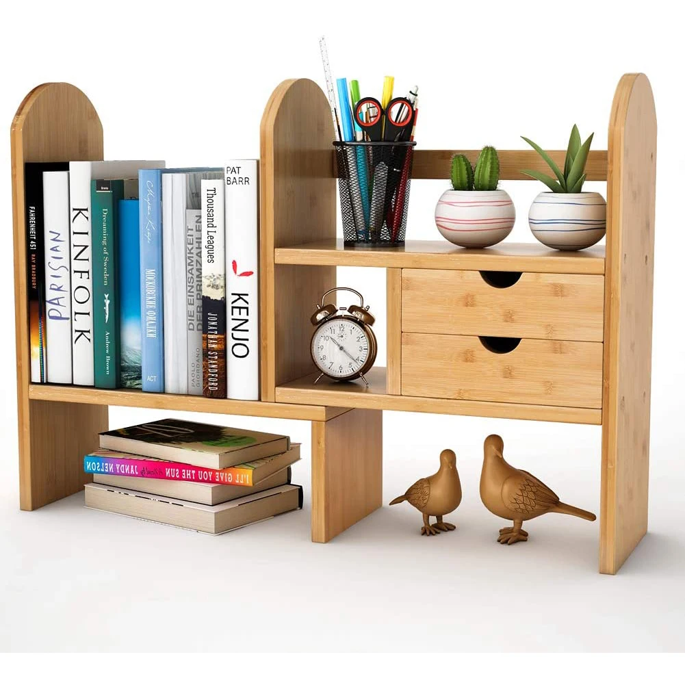 Bamboo Desktop Bookshelf Countertop Bookcase, Desk Storage Organizer Display Shelf Rack for Office/Homex_BSCI Factory