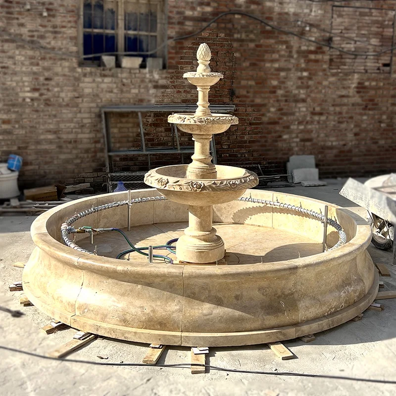 Outdoor Garden Hand Carved Beige Travertine Marble Lions Head Water Fountains For Sale