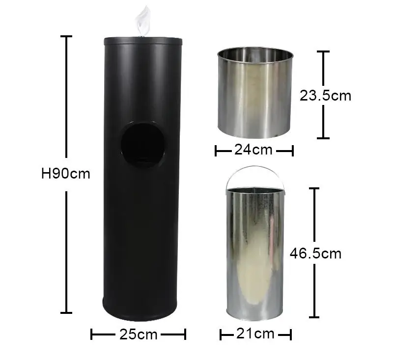 Factory Direct Sale Galvanized Iron  Floor Standing Ashtray  Black Wipe Dispenser Trash Can for Gym