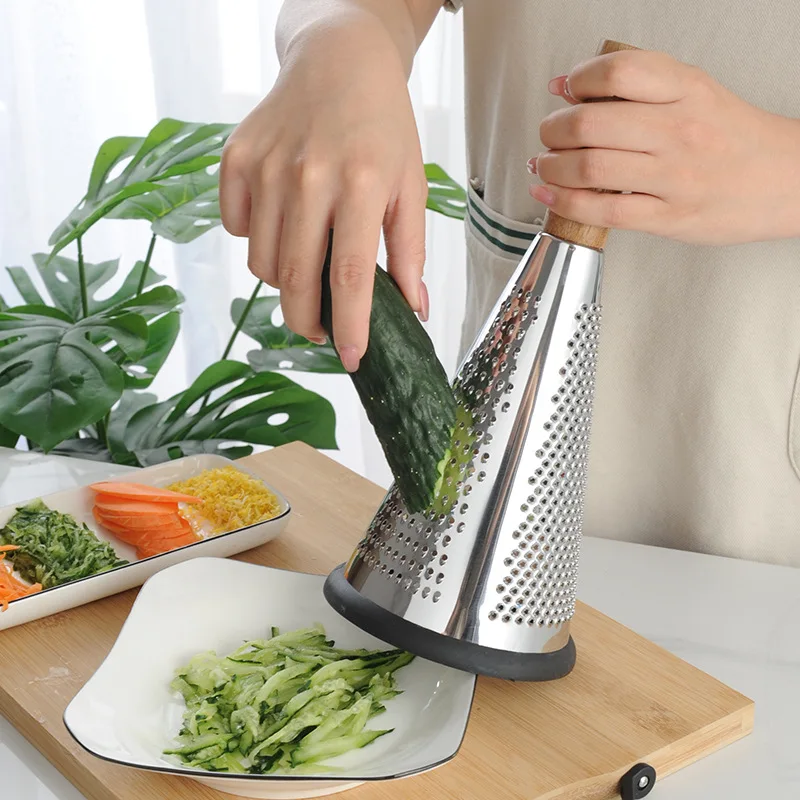 Top Seller Stainless Steel 3 Side Fruit Vegetable Professional Box Grater Cheese Shredder With Wood Handle