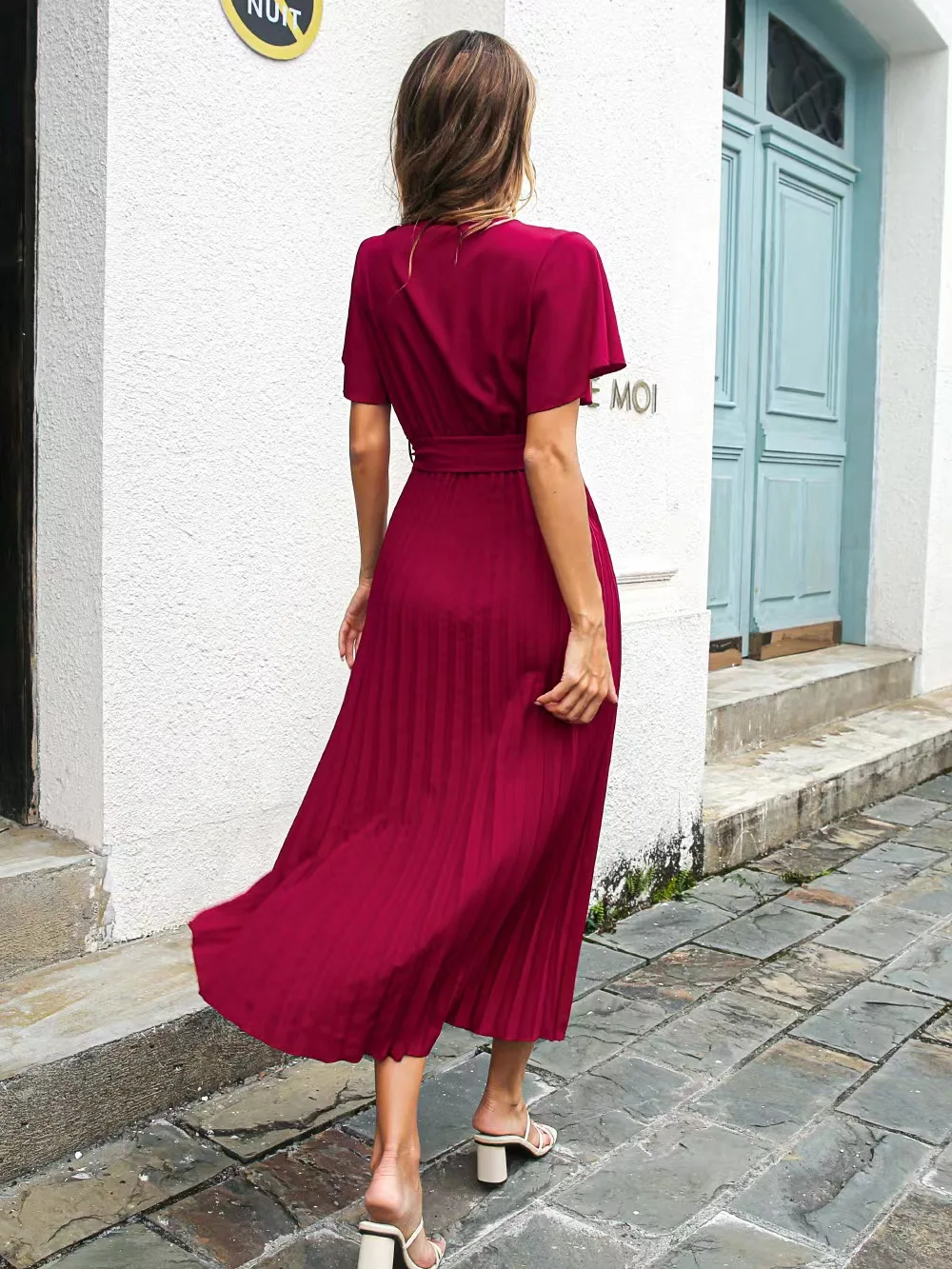2022 New High Quality Custom Women Elegant Dresses V-neck Ruffled Midi Solid Ladies Casual Dresses Summer Women Clothing
