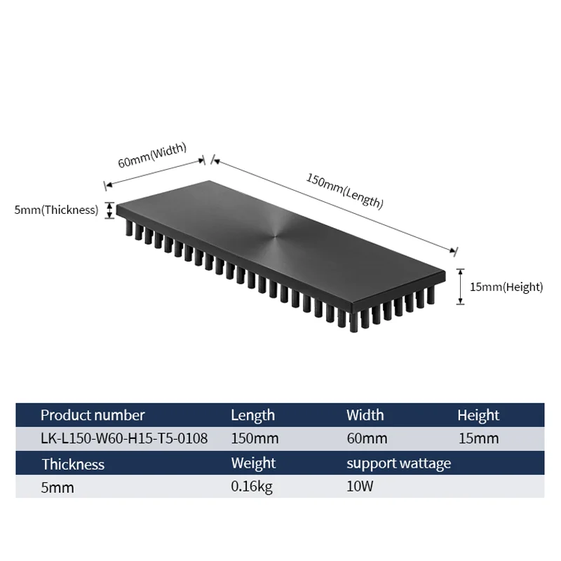 7W Length Width 150*60mm And Height 20mm Black Anodizing rectangle Led Light Aluminum Pin Fin Small Heatsink 60mm