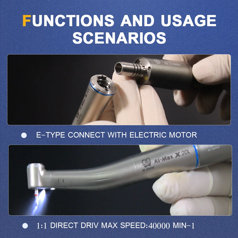 AI-X20L 1:1 Direct Drive  Low Speed Fiber Optic Single Spray For FG burs (1.6) Contra Angle Dental Handpiece Electrical motor