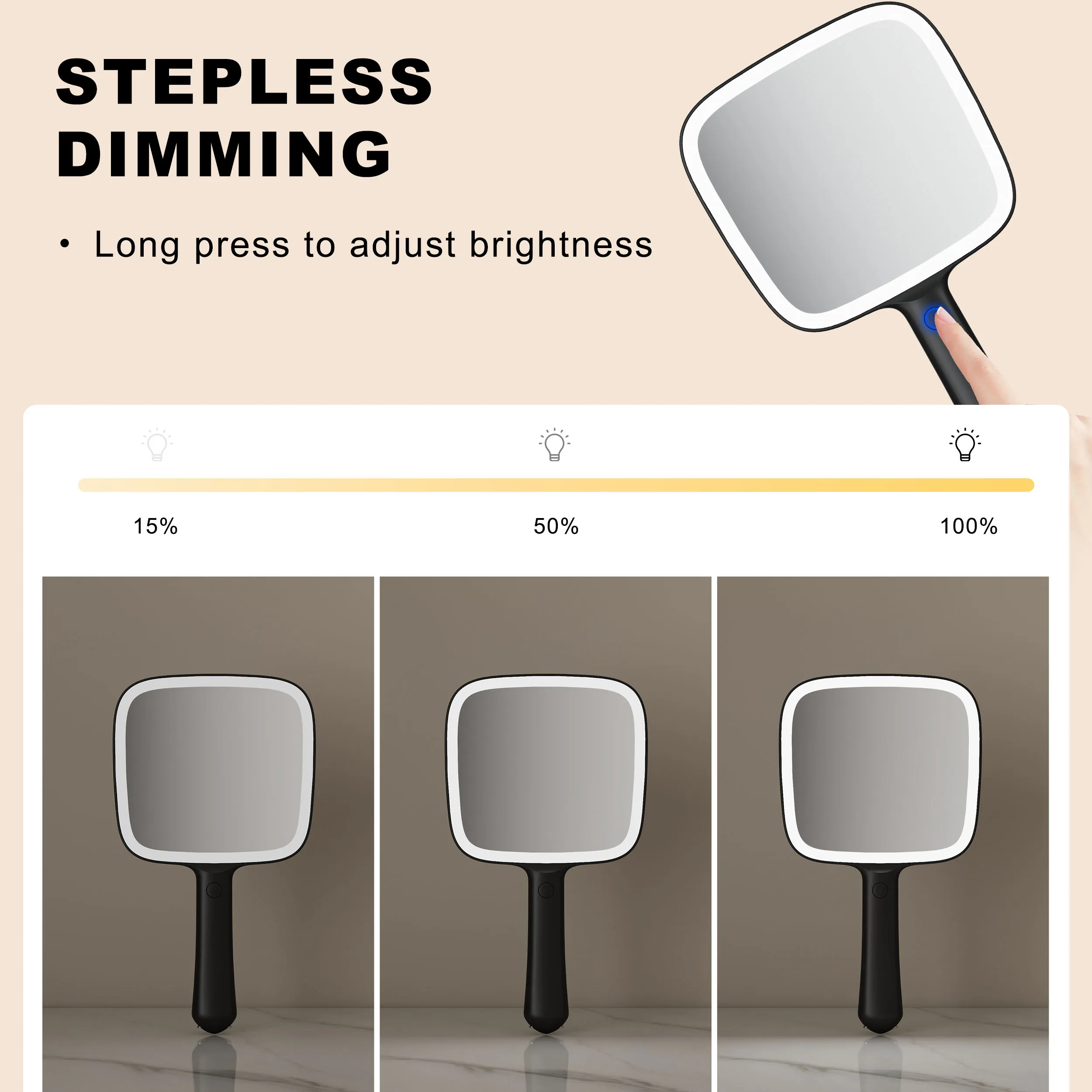 3 Light Color Square Dimmable Travel Beauty Portable Hand Held Handle Makeup Handheld Small Mirror With Led Light