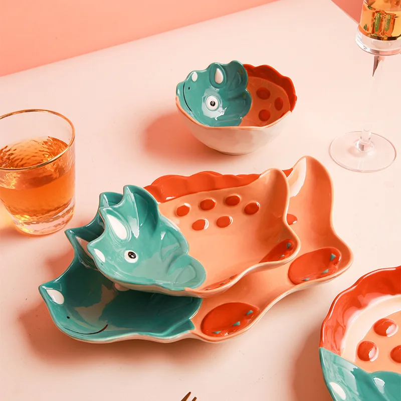 ZC OEM Colorful bowls creative personality Ceramic Tableware cute dinosaur fruit bowls Children dishes set plates dinnerware