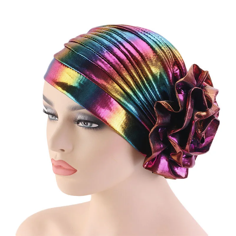 Fashion African Women Laser Hair Turbans Nigerian Female Flower Party Wedding Holographic Hair Turban
