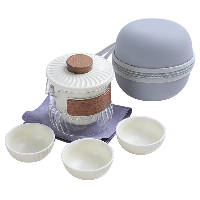 Business Gift All In One Portable Tea Set With Filter 1 Pot 3 Cups Glass Pitcher Tea Cup Sets Travel Ceramic Tea Set
