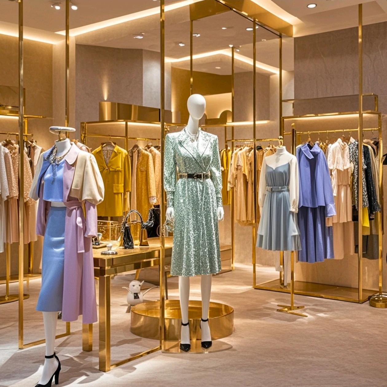 Luxury clothing store fixtures mall metal gold wall floor stand custom clothes display rack shop design