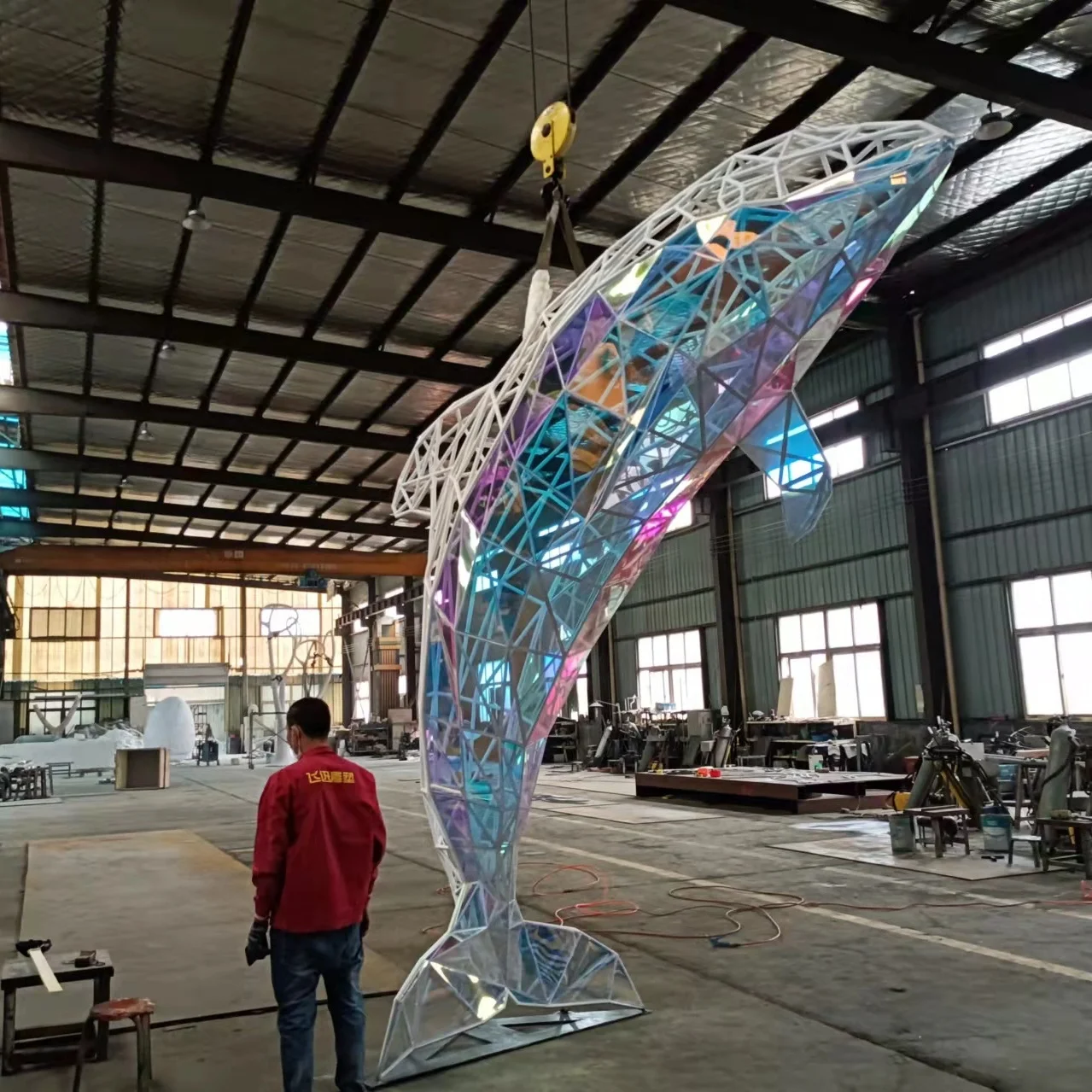 Contemporary metal artificial white whale welding outdoor yard statue landscape display stainless steel garden art sculpture