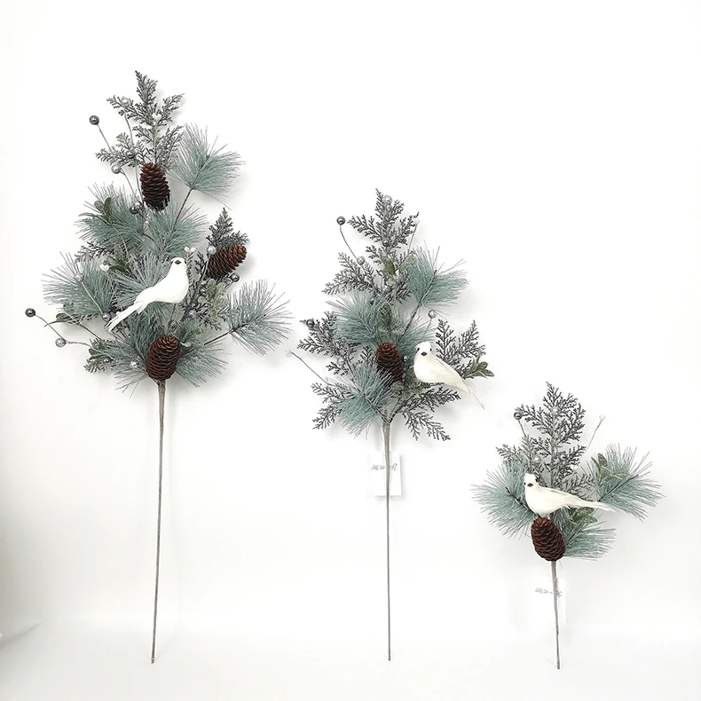 Christmas plastic blue glitter pine needle pick long stem with artificial white feather bird Christmas picks