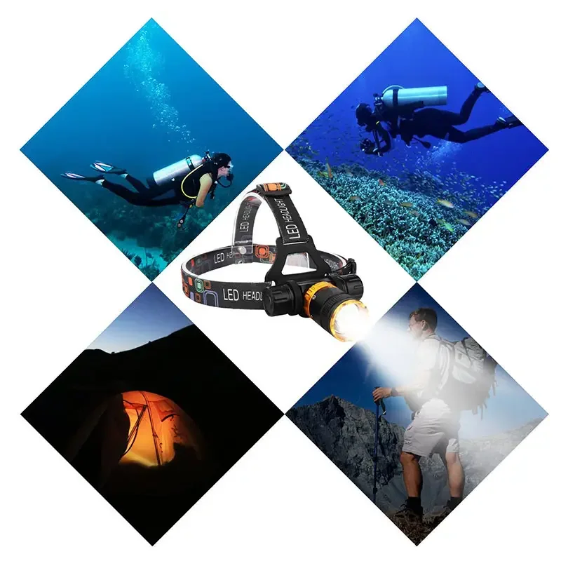 Powerful T6 LED Diving Headlamp Aluminum Alloy Waterproof Torch with Rechargeable Battery & IP68 Rating
