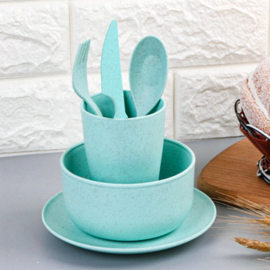  BPA Free Eco Friendly 6PCS Wheat Straw Fiber Reusable Healthy Luxury Kitchen Plates Dinnerware Cutlery