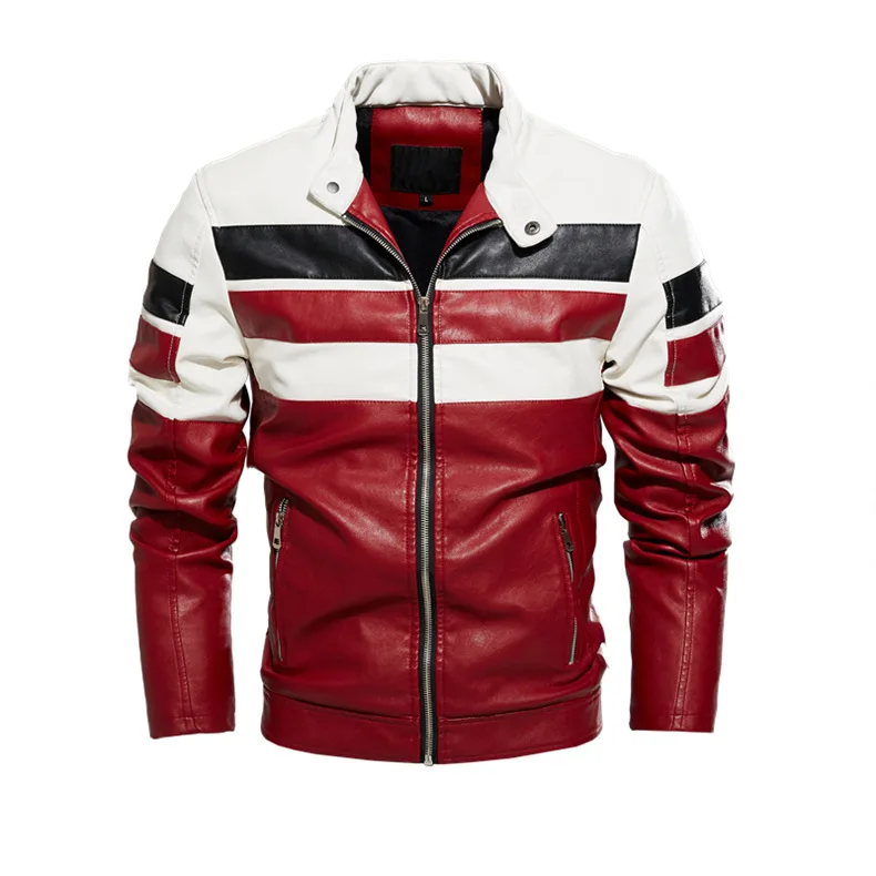 OEM Custom Stand Collar Color Stripes Brush Inside Moto Biker Faux Motorcycle Racing Leather Jacket Men