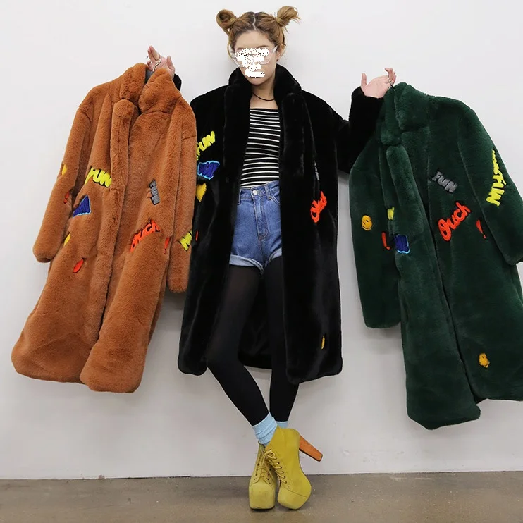 Vintage Furry Faux Fur Coat Women Patch Fluffy Warm Female Outerwear Autumn Winter Plush Overcoat Pocket Casual Teddy Outerwear