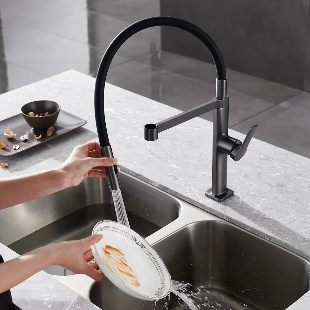 Contemporary lead free copper cool brushed gun grey color 2 way cold and hot water pull out kitchen sink mixer faucet